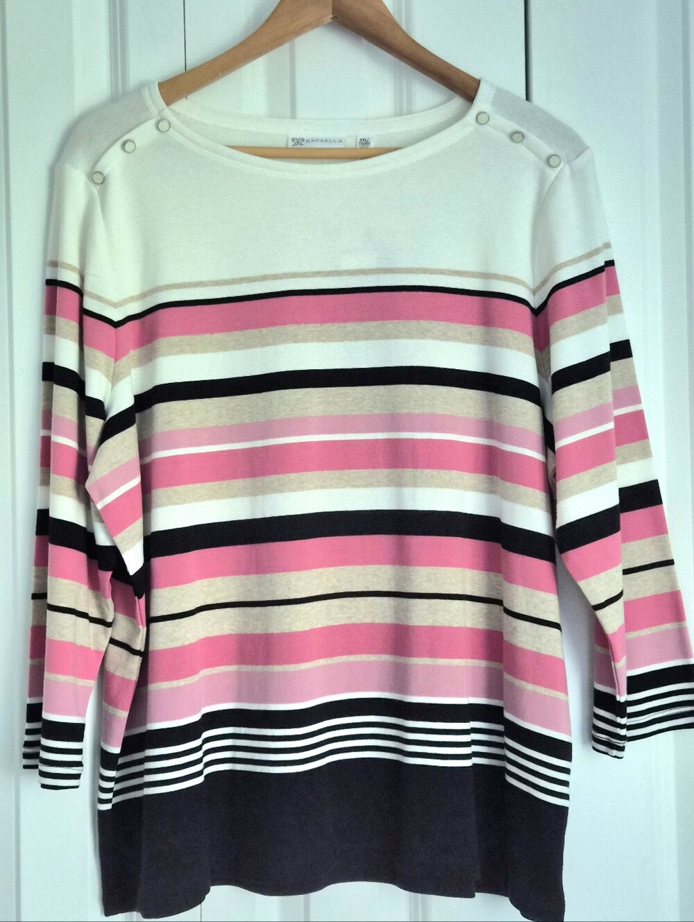 NWT Rafaella Striped Boatneck 3/4 Sleeve Top Shirt Black Pink White XXL